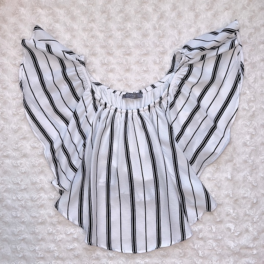 Bershka White Navy Striped Crop Top